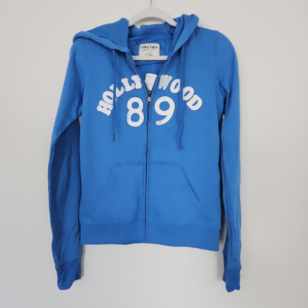 NWT Forever 21 Love Tree Hooded Sweatshirt Hoodie L Large Blue Hollywood 89